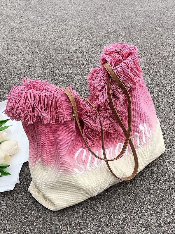 Torba Tote od platna s gradijentom boje i vezom, velika kapaciteta, ženska torba, tkanena plažna torba preko ramena
