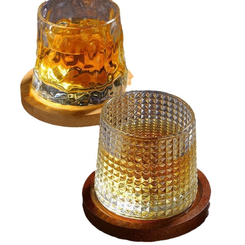 Bază rotativă pentru pahar cu gyroscop, pahar de whisky cu textură ciocănită, gravat, cu pereți groși