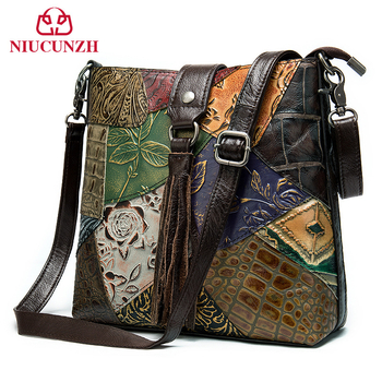 NIUCUNZH Ženska torbica od prave kože, ramena i crossbody, s reljefnom kožom i resicama, vintage kineskog stila