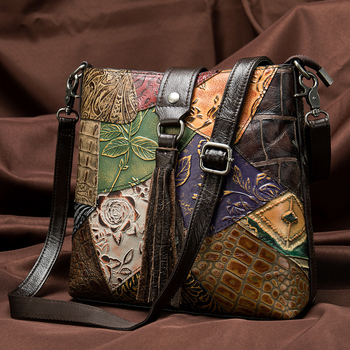 NIUCUNZH Ženska torbica od prave kože, ramena i crossbody, s reljefnom kožom i resicama, vintage kineskog stila