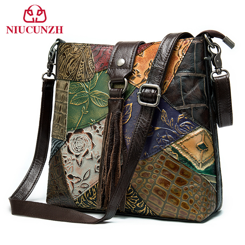 NIUCUNZH Ženska torbica od prave kože, ramena i crossbody, s reljefnom kožom i resicama, vintage kineskog stila