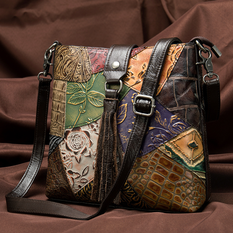 NIUCUNZH Ženska torbica od prave kože, ramena i crossbody, s reljefnom kožom i resicama, vintage kineskog stila
