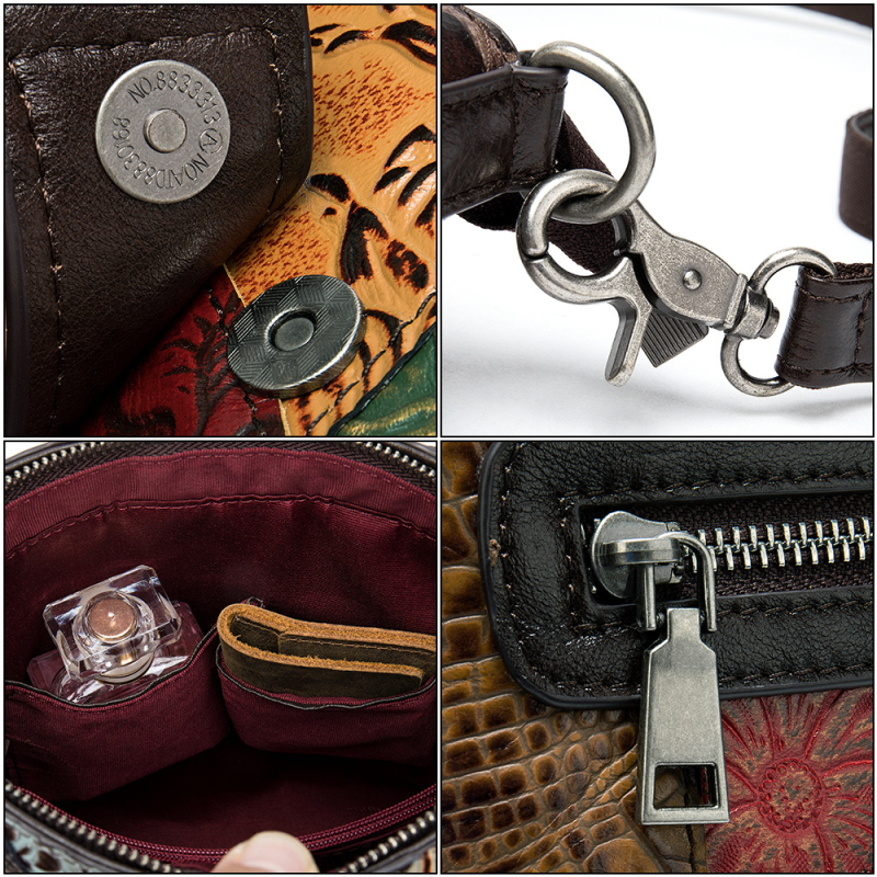 NIUCUNZH Ženska torbica od prave kože, ramena i crossbody, s reljefnom kožom i resicama, vintage kineskog stila