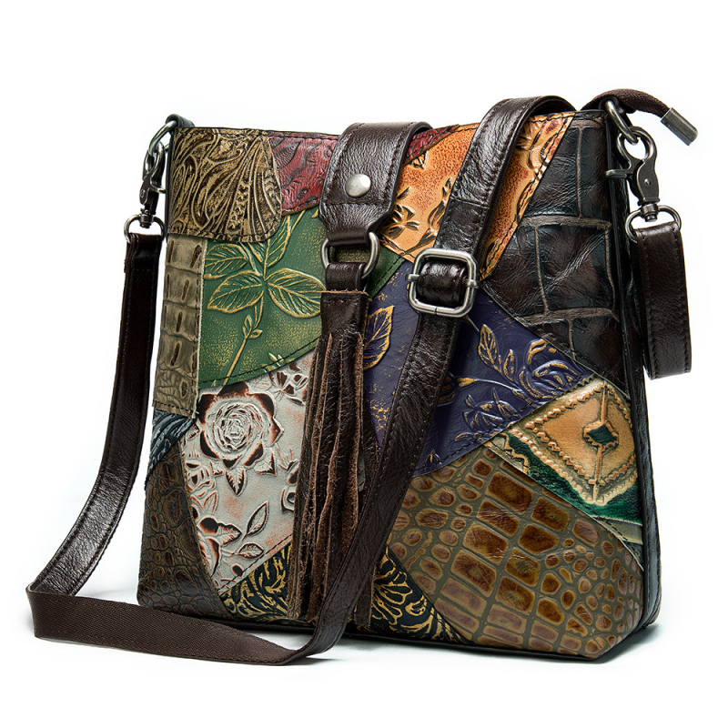 NIUCUNZH Ženska torbica od prave kože, ramena i crossbody, s reljefnom kožom i resicama, vintage kineskog stila