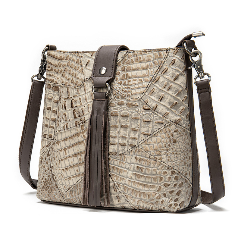 NIUCUNZH Ženska torbica od prave kože, ramena i crossbody, s reljefnom kožom i resicama, vintage kineskog stila