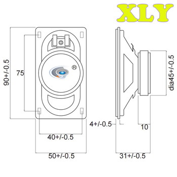 Obdĺžnikový vonkajší reproduktor s PET membránou, vodotesný, priehľadný, 50×90 mm, 8 Ω, 5 W, s externým magnetom