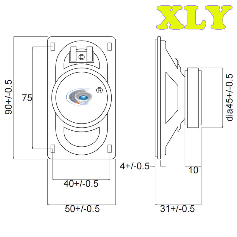 Obdĺžnikový vonkajší reproduktor s PET membránou, vodotesný, priehľadný, 50×90 mm, 8 Ω, 5 W, s externým magnetom