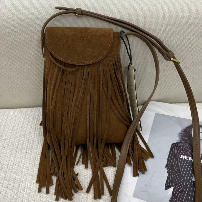 Ženska mala crossbody torba u denimu, u stilu pustinje, 2025, smeđa Maillard boho s resicama