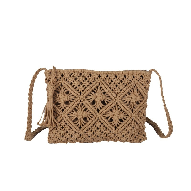 Ženska torbica s resicama, crossbody od pamucne uzadi, mala kvadratna tkanita torba