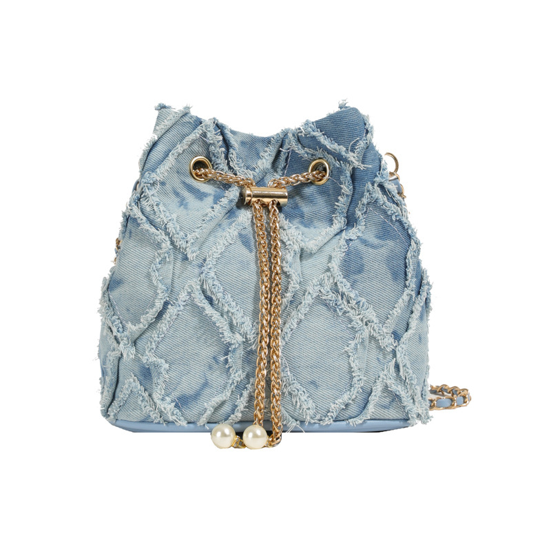 Isprana džins torba bucket s prešivanim uz icama i bisernim lancem za ramena, crossbody za jedno rame, za svakodnevnu upotrebu, novi stil