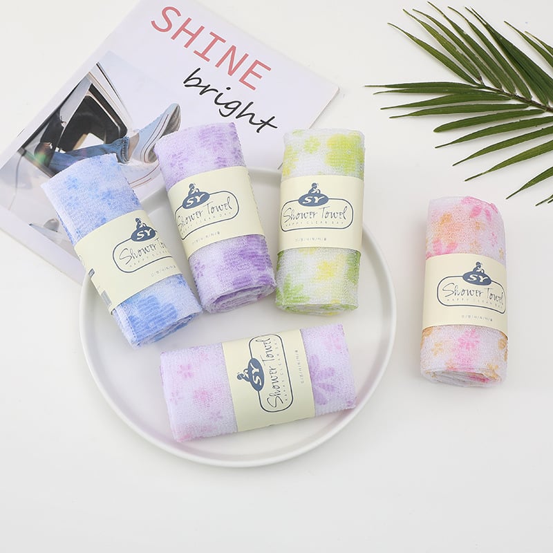Prosop de saună din nylon imprimat pentru femei – prosop de baie cu accesoriu pentru masajul spatelui, bandă lungă de frecare și burete de duș