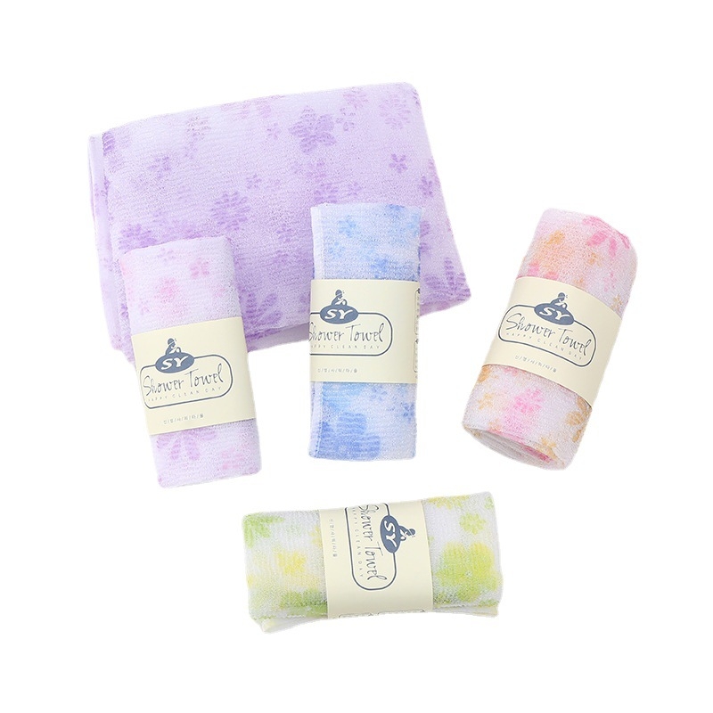 Prosop de saună din nylon imprimat pentru femei – prosop de baie cu accesoriu pentru masajul spatelui, bandă lungă de frecare și burete de duș