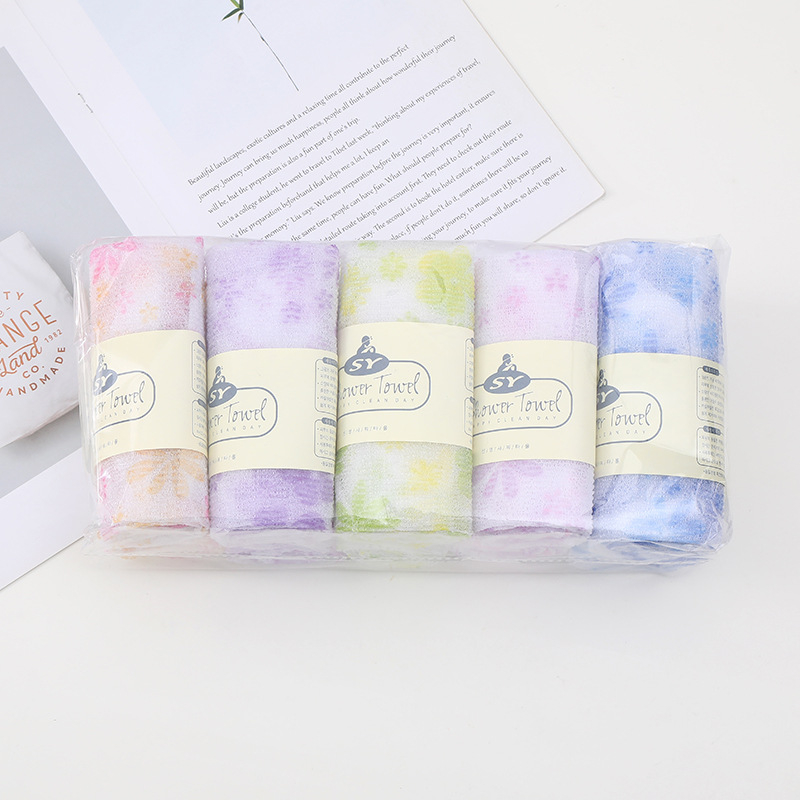 Prosop de saună din nylon imprimat pentru femei – prosop de baie cu accesoriu pentru masajul spatelui, bandă lungă de frecare și burete de duș
