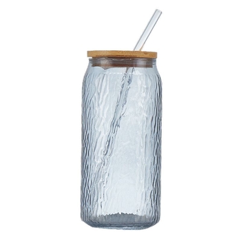 Pahar din sticlă sodă-limă cu capac – pai, pentru sucuri, băuturi carbogazoase, cafea portabilă, pahar universal