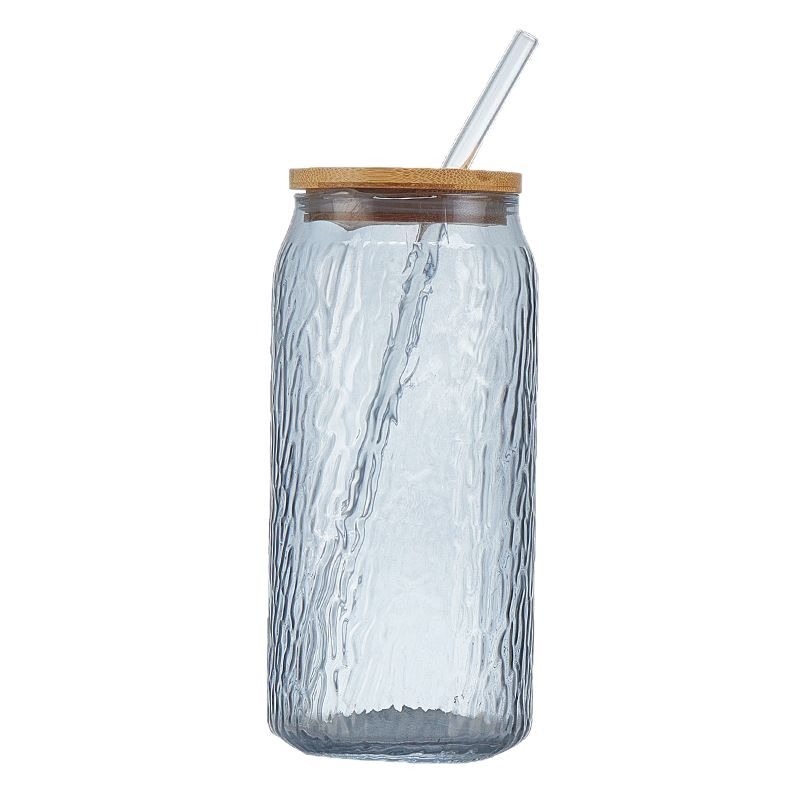 Pahar din sticlă sodă-limă cu capac – pai, pentru sucuri, băuturi carbogazoase, cafea portabilă, pahar universal
