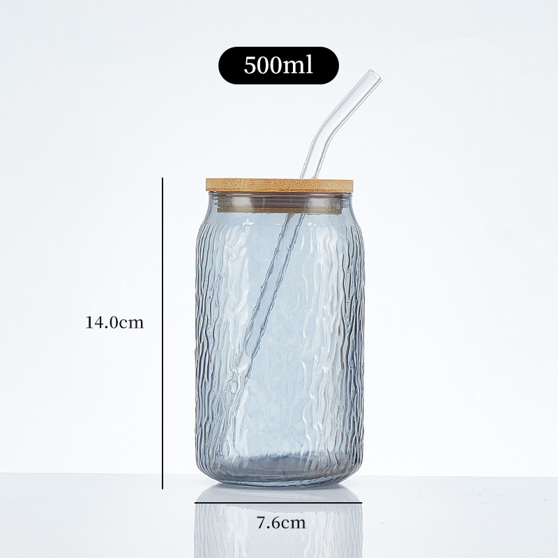 Pahar din sticlă sodă-limă cu capac – pai, pentru sucuri, băuturi carbogazoase, cafea portabilă, pahar universal