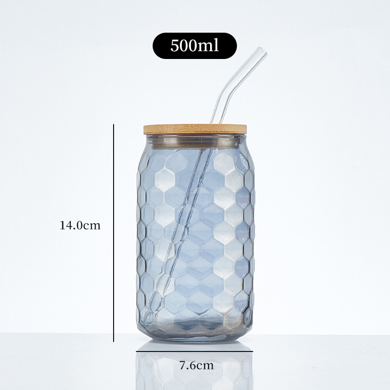 Pahar din sticlă sodă-limă cu capac – pai, pentru sucuri, băuturi carbogazoase, cafea portabilă, pahar universal