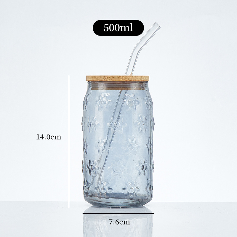 Pahar din sticlă sodă-limă cu capac – pai, pentru sucuri, băuturi carbogazoase, cafea portabilă, pahar universal