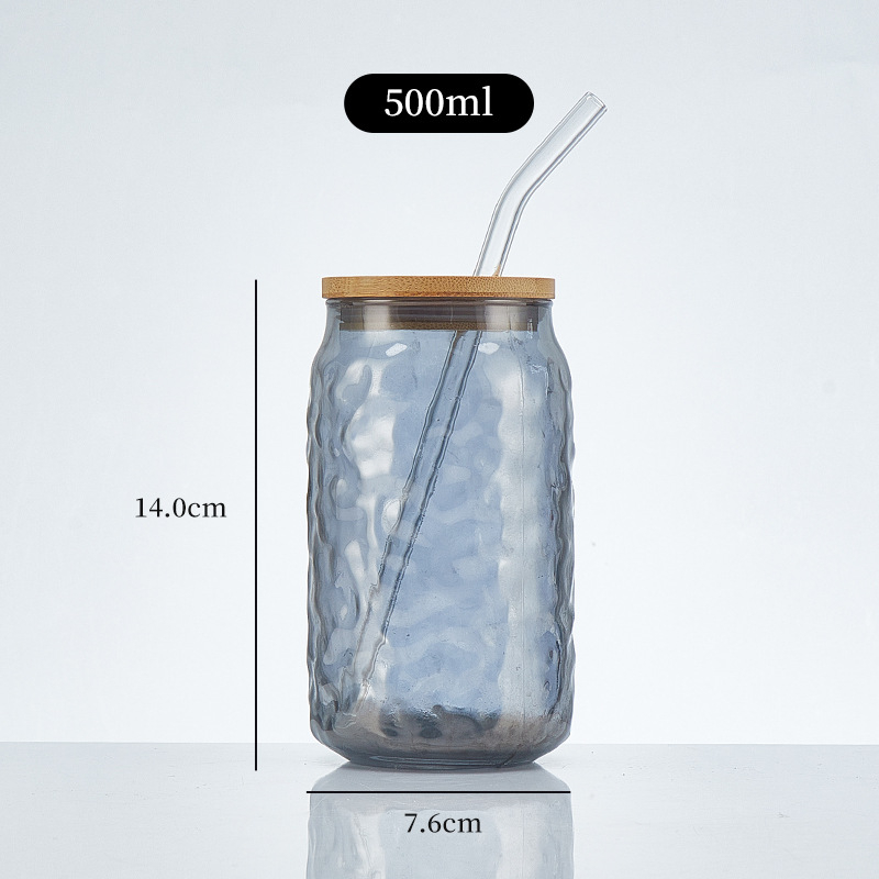 Pahar din sticlă sodă-limă cu capac – pai, pentru sucuri, băuturi carbogazoase, cafea portabilă, pahar universal