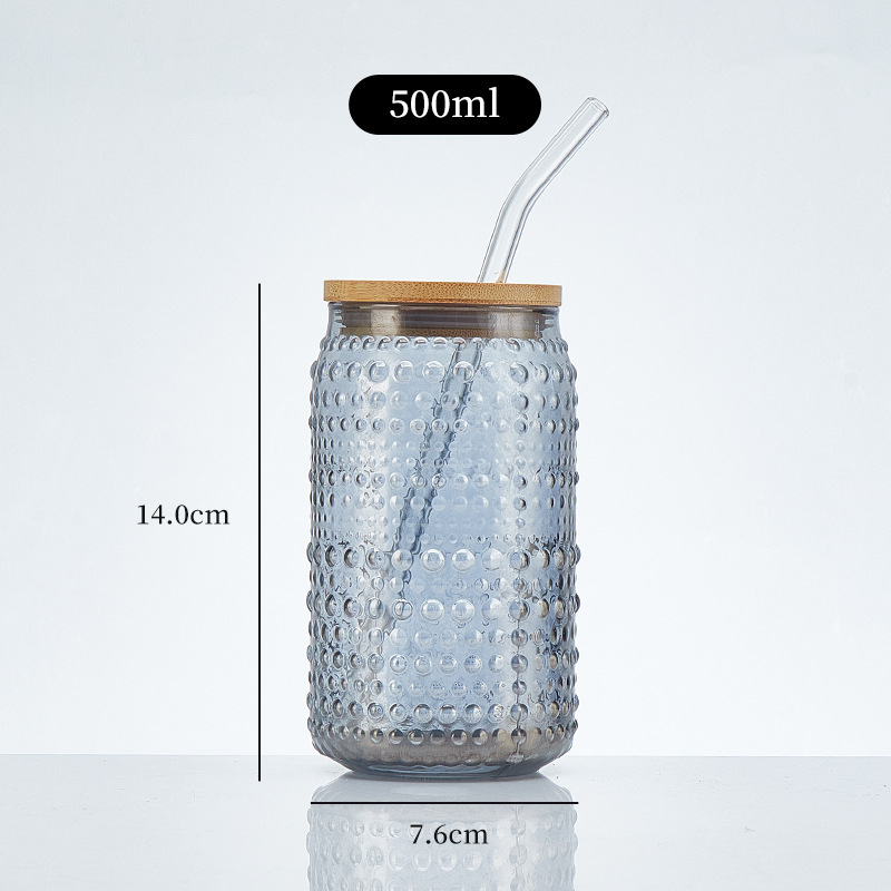 Pahar din sticlă sodă-limă cu capac – pai, pentru sucuri, băuturi carbogazoase, cafea portabilă, pahar universal