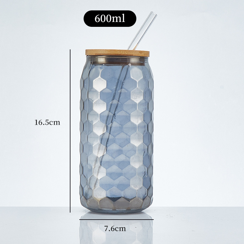 Pahar din sticlă sodă-limă cu capac – pai, pentru sucuri, băuturi carbogazoase, cafea portabilă, pahar universal