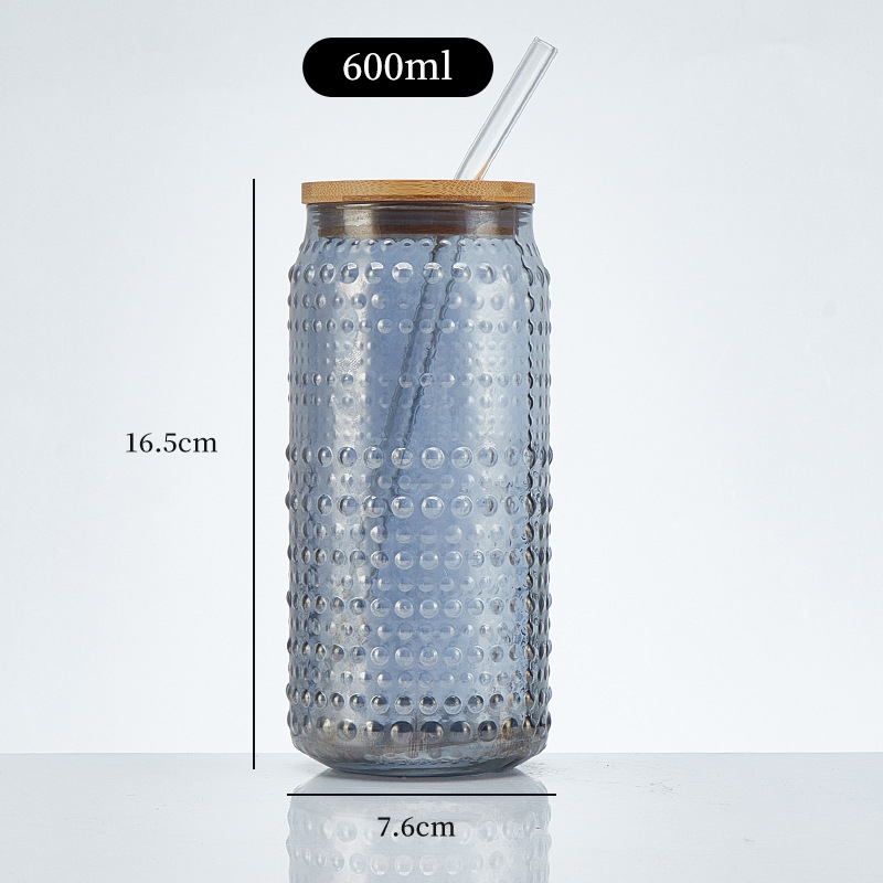 Pahar din sticlă sodă-limă cu capac – pai, pentru sucuri, băuturi carbogazoase, cafea portabilă, pahar universal