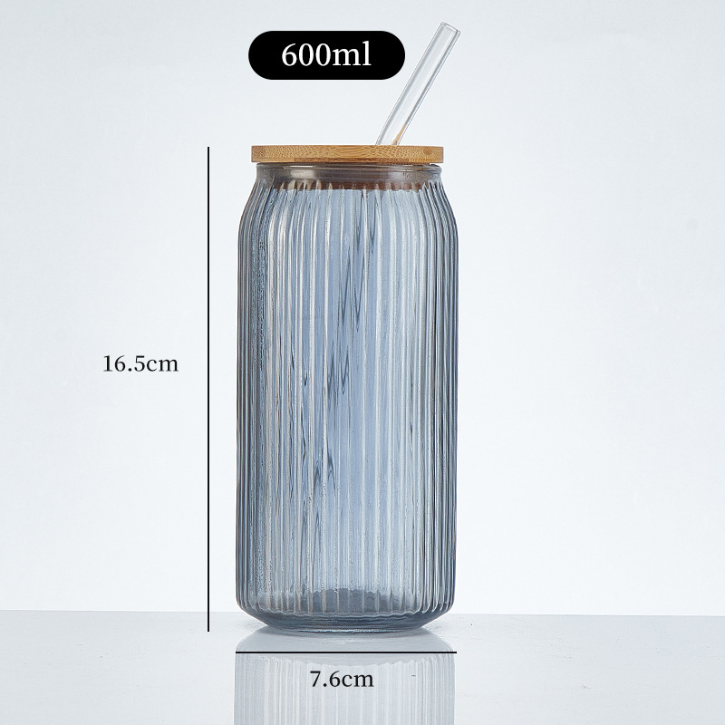 Pahar din sticlă sodă-limă cu capac – pai, pentru sucuri, băuturi carbogazoase, cafea portabilă, pahar universal