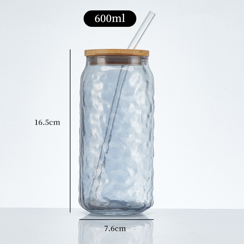 Pahar din sticlă sodă-limă cu capac – pai, pentru sucuri, băuturi carbogazoase, cafea portabilă, pahar universal