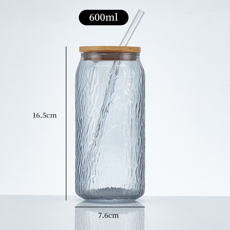 Pahar din sticlă sodă-limă cu capac – pai, pentru sucuri, băuturi carbogazoase, cafea portabilă, pahar universal