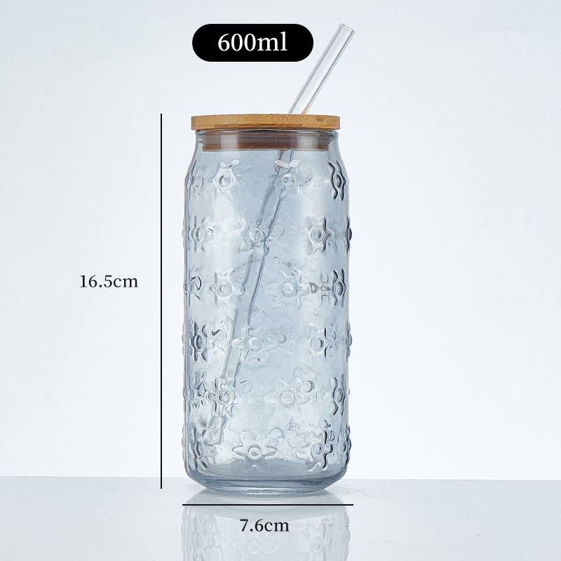 Pahar din sticlă sodă-limă cu capac – pai, pentru sucuri, băuturi carbogazoase, cafea portabilă, pahar universal