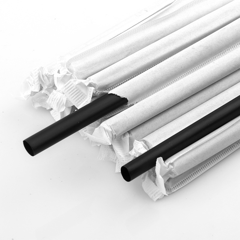 Crne ravne slamke za piće, 8 mm x 210 mm, pojedinačno pakirane u papirnatoj ambalaži, paket 100 kom.
