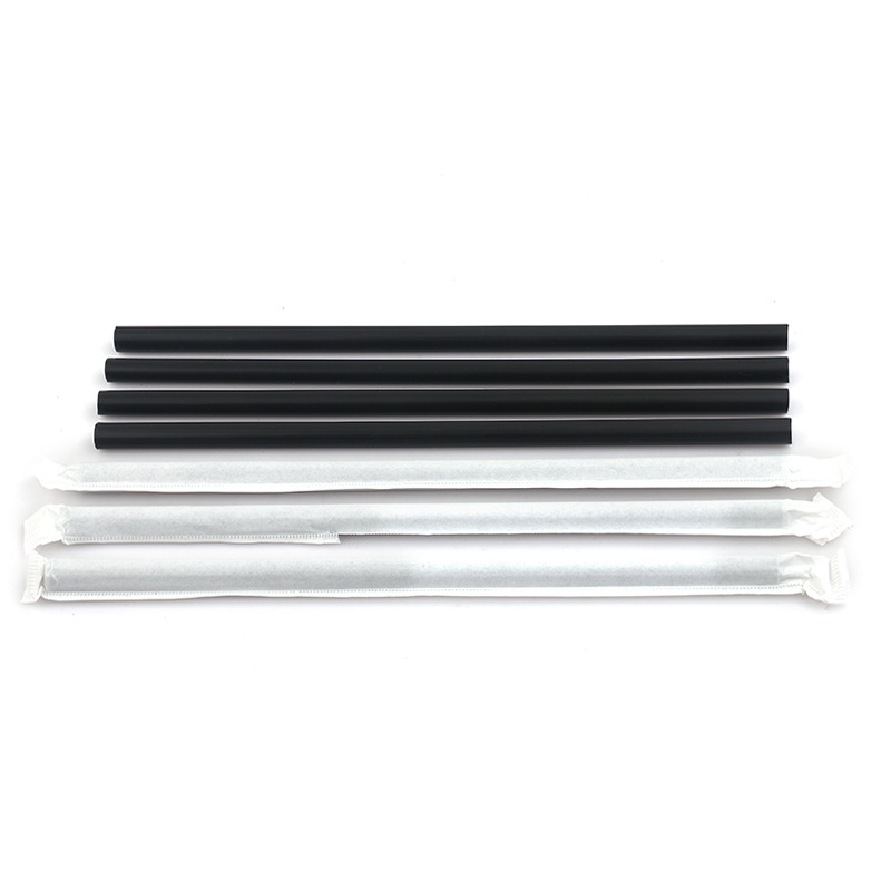 Crne ravne slamke za piće, 8 mm x 210 mm, pojedinačno pakirane u papirnatoj ambalaži, paket 100 kom.