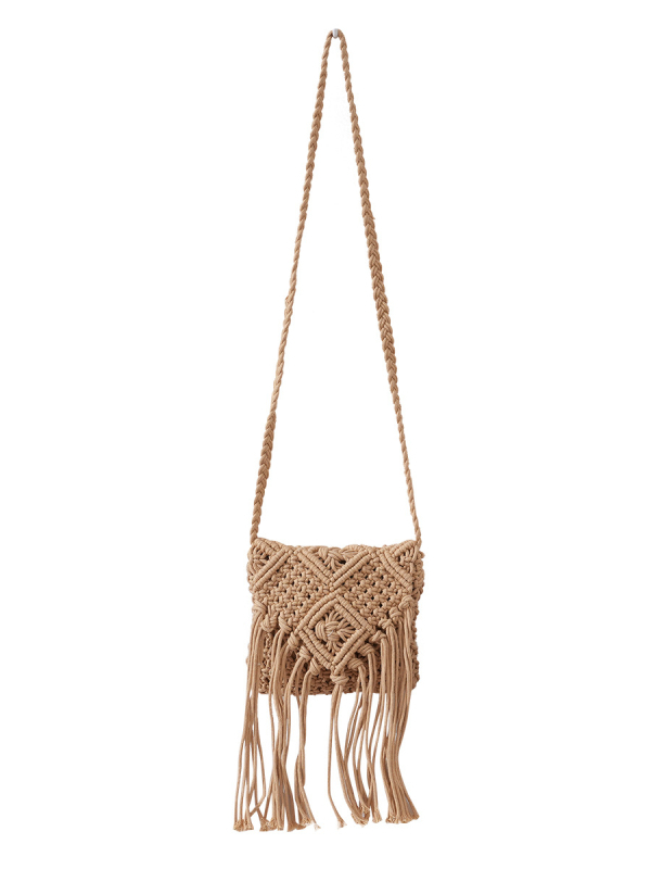 Ženska crossbody torbica, casual, pletena od pamukovog konca, s resicama, plažni stil, inspirirano Korejom