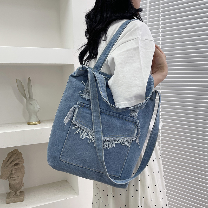 Denim torba za nošenje na rame za učenike, crossbody torba s tri remena, vertikalnog kvadratnog oblika za knjige