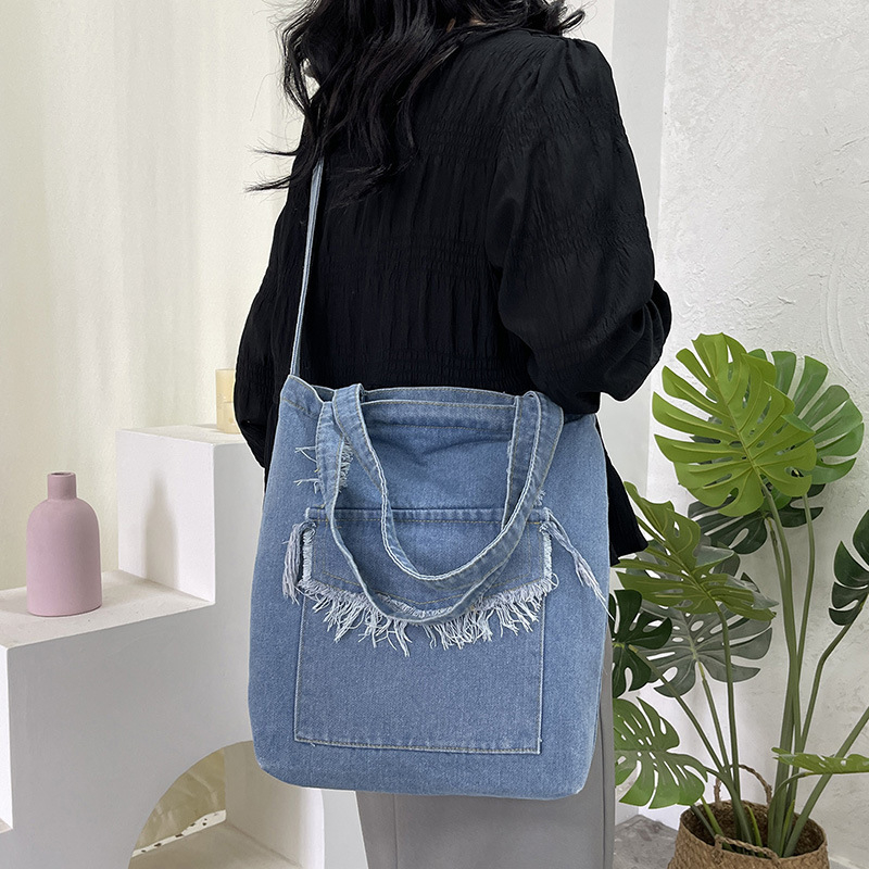 Denim torba za nošenje na rame za učenike, crossbody torba s tri remena, vertikalnog kvadratnog oblika za knjige
