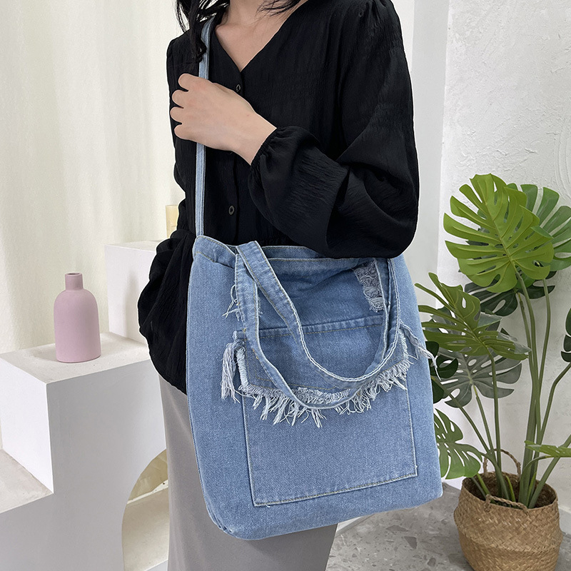 Denim torba za nošenje na rame za učenike, crossbody torba s tri remena, vertikalnog kvadratnog oblika za knjige