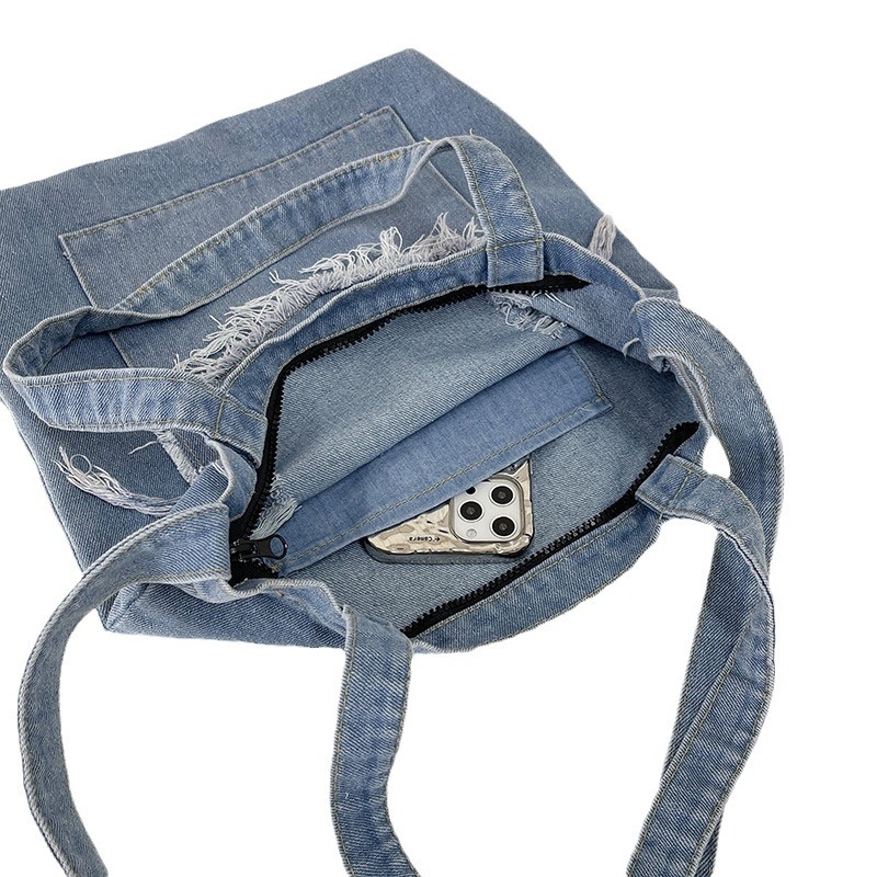 Denim torba za nošenje na rame za učenike, crossbody torba s tri remena, vertikalnog kvadratnog oblika za knjige