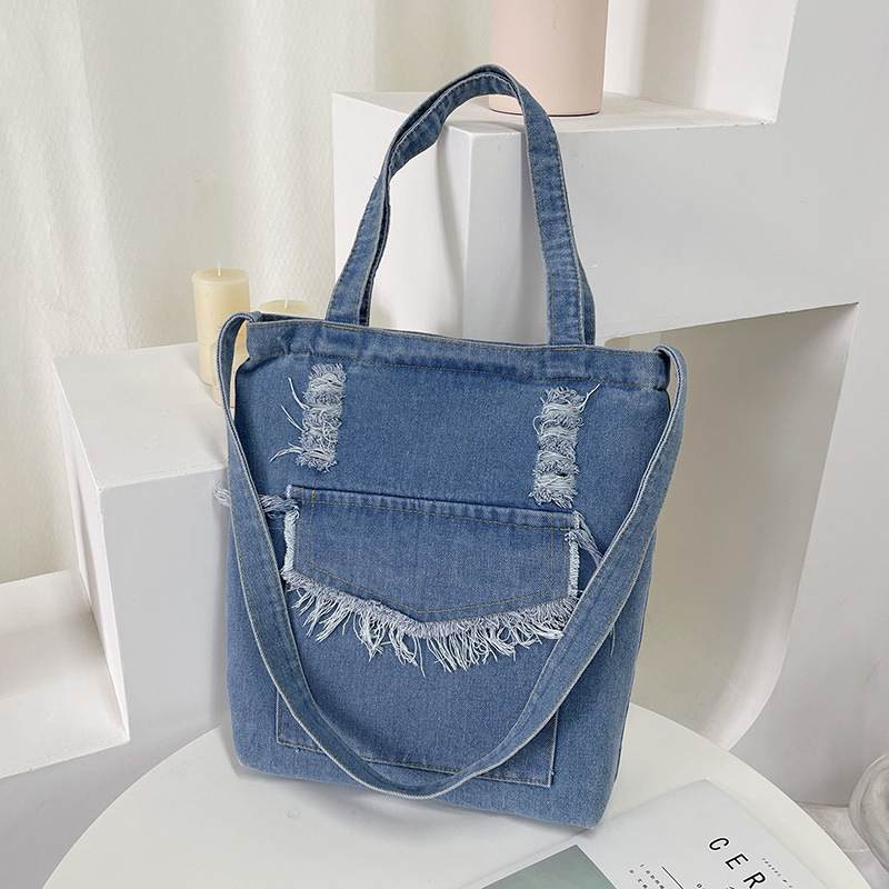 Denim torba za nošenje na rame za učenike, crossbody torba s tri remena, vertikalnog kvadratnog oblika za knjige