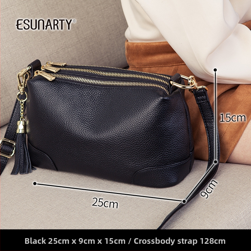 Ženska mala kožna crossbody torba, s više zipova i pretinaca, pompon, preko ramena