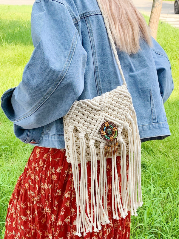 Ženska crossbody torba u boemskom stilu, tkana s resicama, mala veličina, za odmor