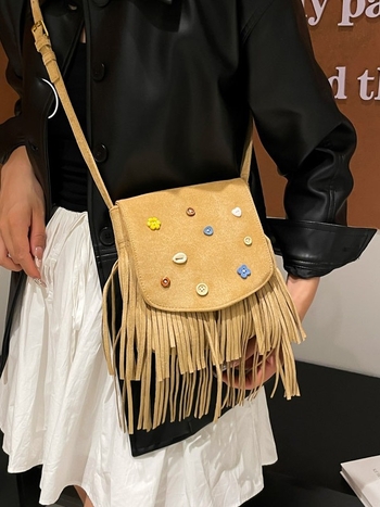 Retro velur torbica s resicama, korejskog stila, dekorirana gumbima, ženska crossbody torbica