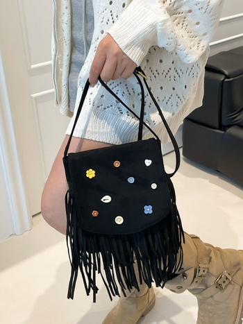 Retro velur torbica s resicama, korejskog stila, dekorirana gumbima, ženska crossbody torbica