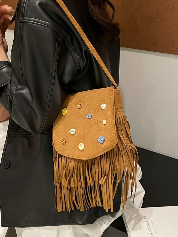 Retro velur torbica s resicama, korejskog stila, dekorirana gumbima, ženska crossbody torbica