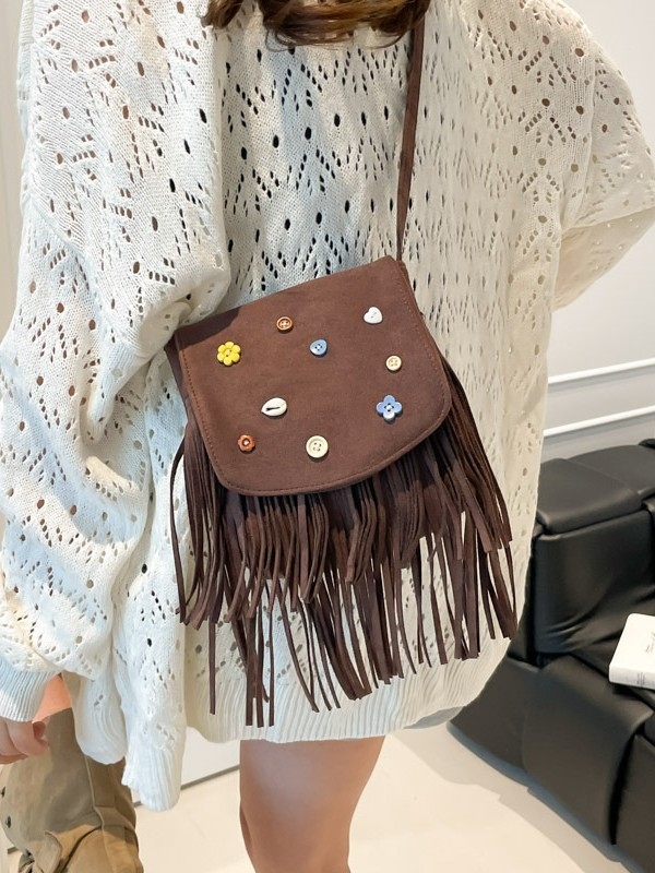 Retro velur torbica s resicama, korejskog stila, dekorirana gumbima, ženska crossbody torbica