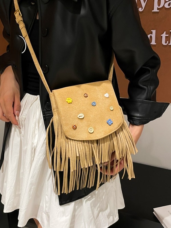 Retro velur torbica s resicama, korejskog stila, dekorirana gumbima, ženska crossbody torbica
