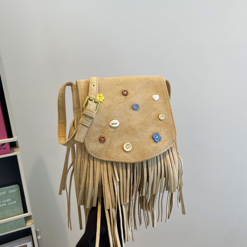Retro velur torbica s resicama, korejskog stila, dekorirana gumbima, ženska crossbody torbica