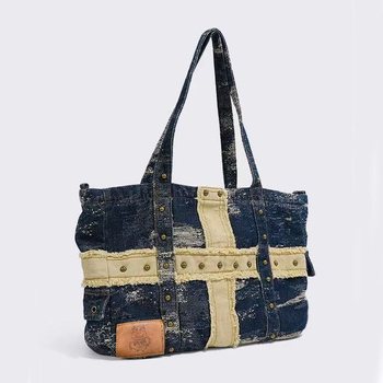 Denim tote torba s remenom za rame, riveti, vintage stil, velik kapacitet