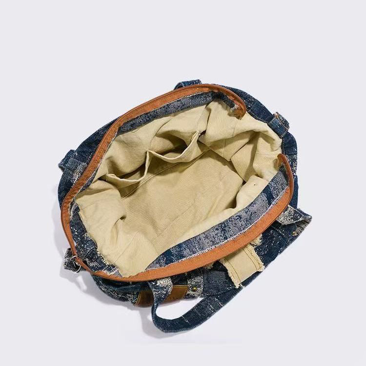 Denim tote torba s remenom za rame, riveti, vintage stil, velik kapacitet