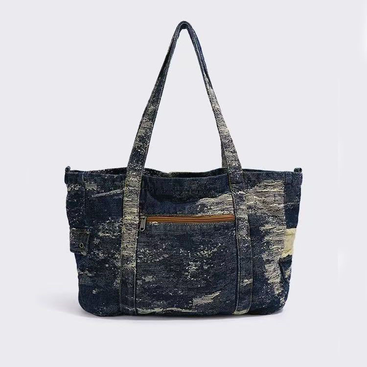 Denim tote torba s remenom za rame, riveti, vintage stil, velik kapacitet