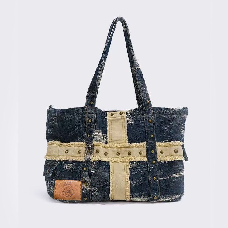 Denim tote torba s remenom za rame, riveti, vintage stil, velik kapacitet